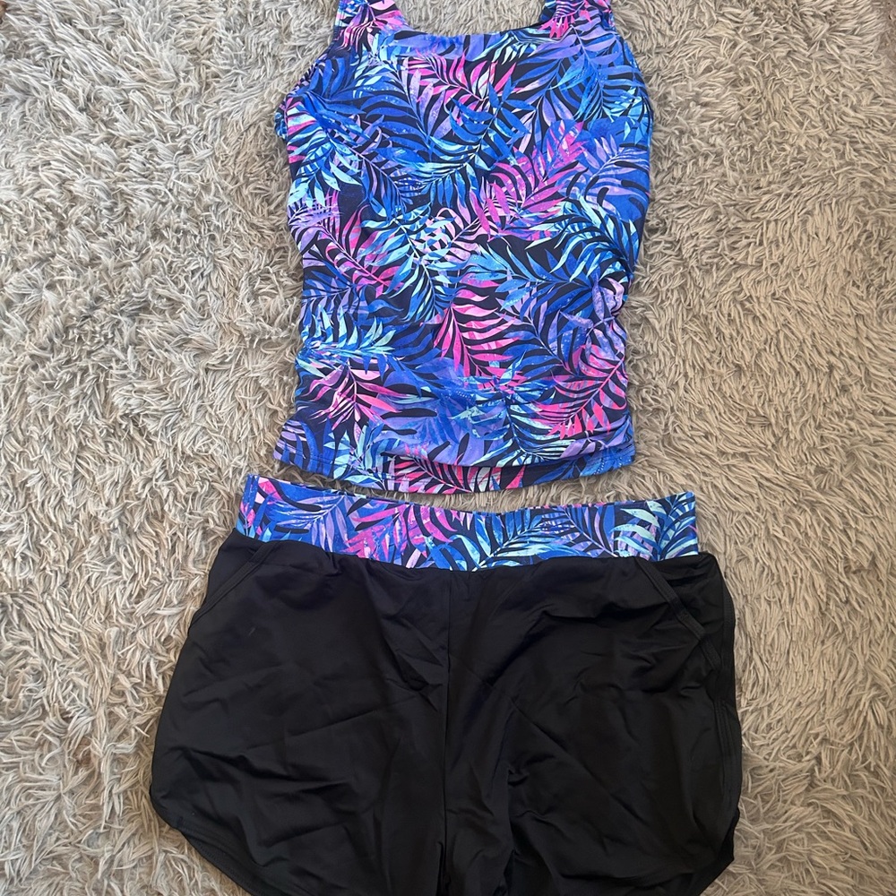 Tropical Print Tankini Set - Blue and Black